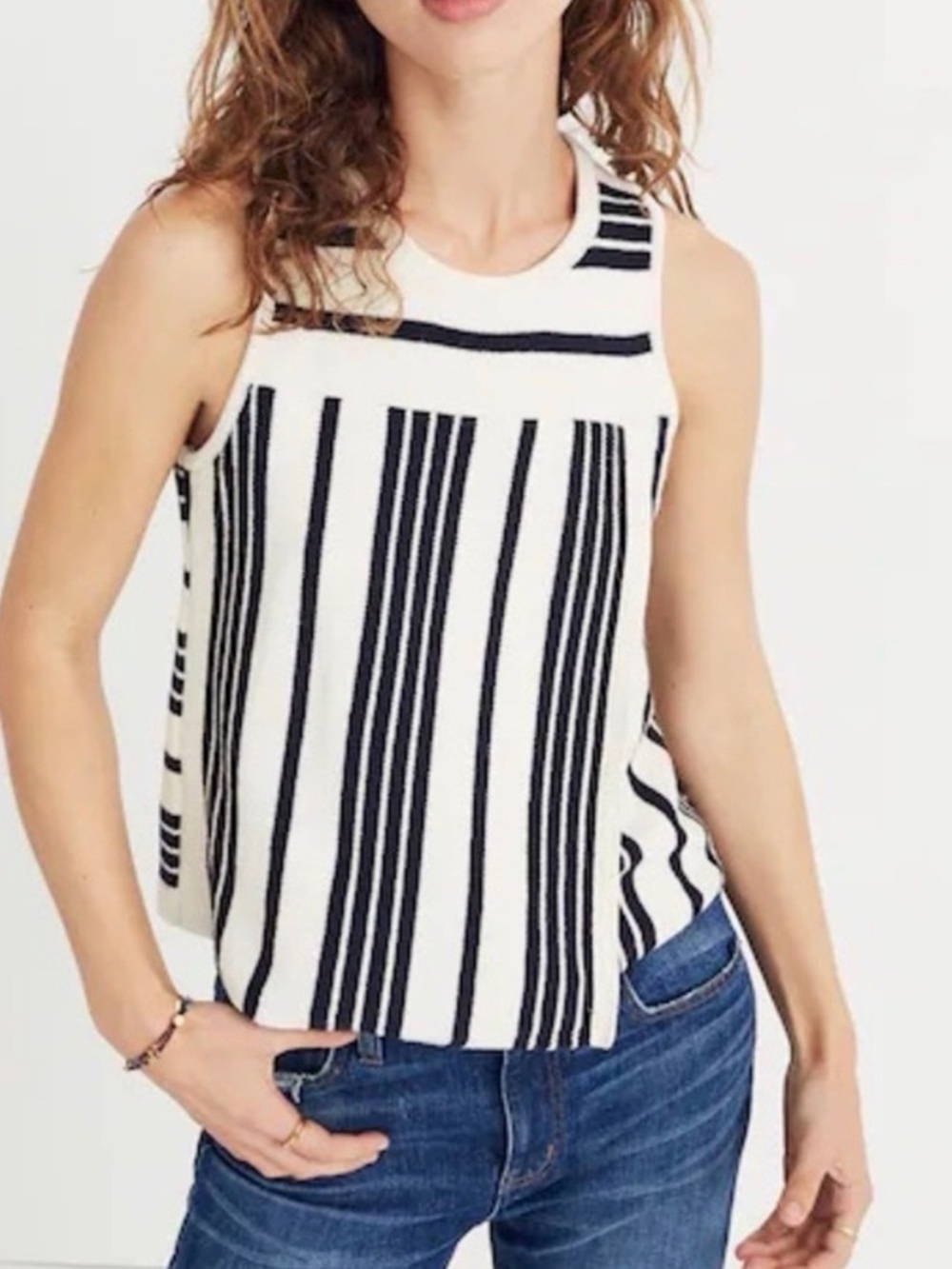 Madewell White & Navy Striped Sleeveless Knit Tank